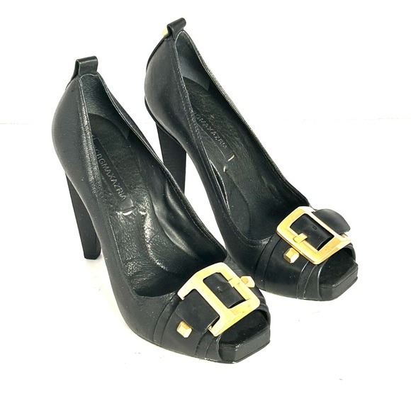 BCBG MAXAZRIA Black Buckle Studded Peep Toe Leather Heels Stiletto Shoes 7.5 B - Picture 2 of 13